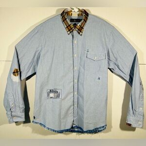 Ralph Lauren Men's Custom Oxford Shirt XL Plaid Collar Patchwork Distressed Hem